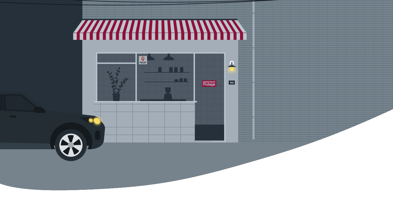 Illustration of a car parked outside a business at night