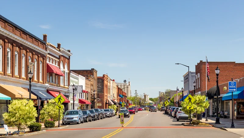 Historic downtown Mooresville, North Carolina, with brick storefronts along Main Street