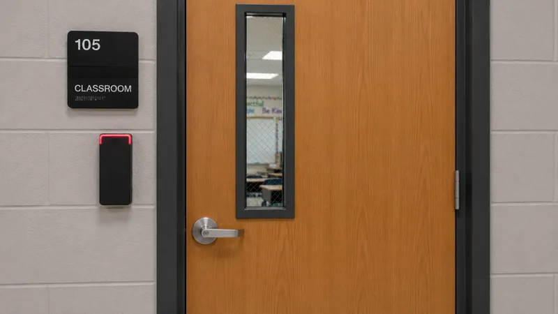 A classroom door with an ICT card reader beside it