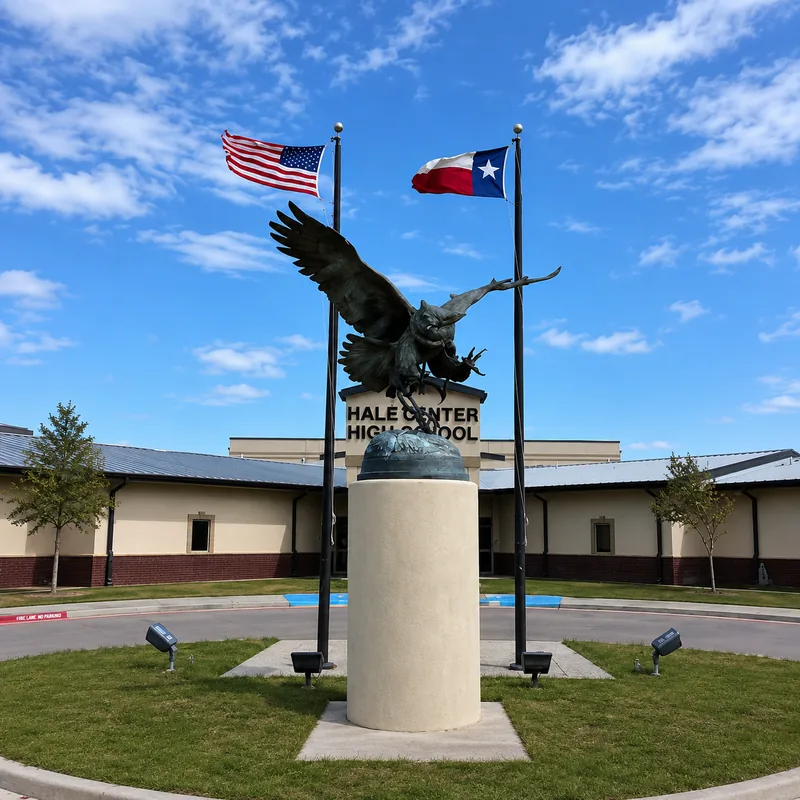 Hale Center High School entrance sign with an eagle statue and the American and Texas flags