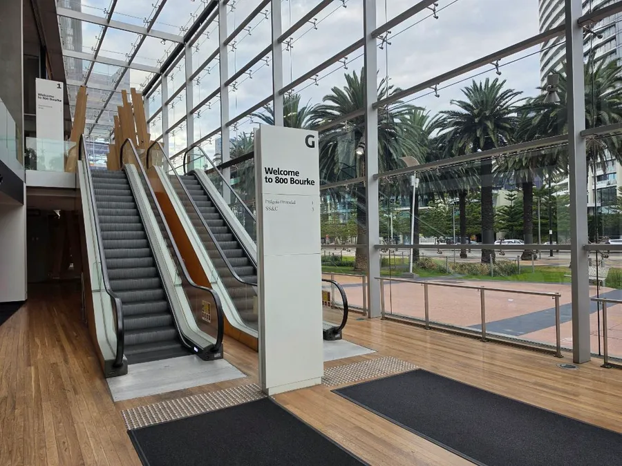 The ground floor foyer and escalators at 800 Bourke Street, Melbourne