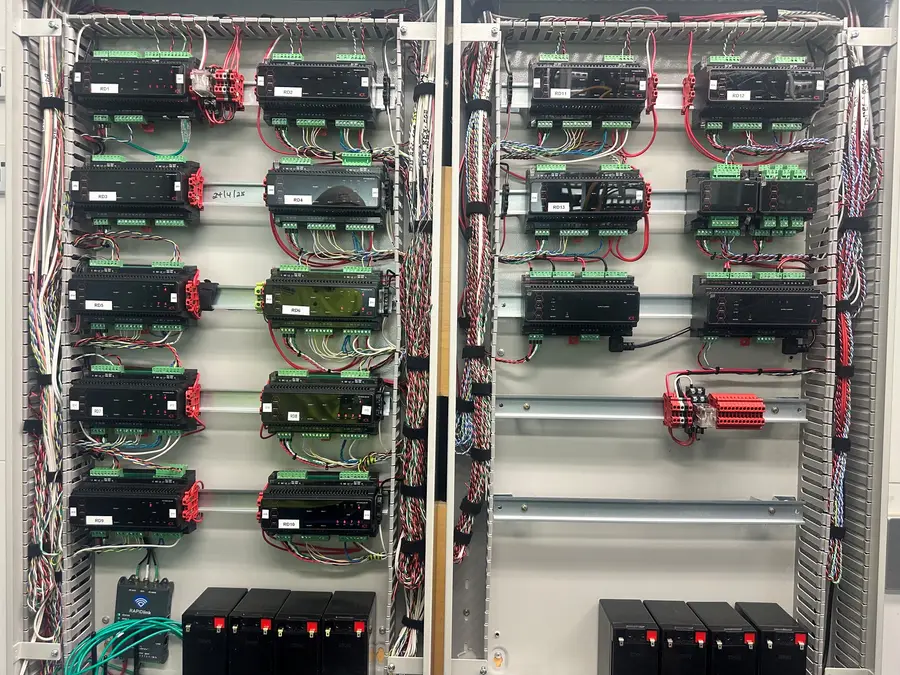 ICT Protege GX controller and reader expander modules inside the Docklands site panel