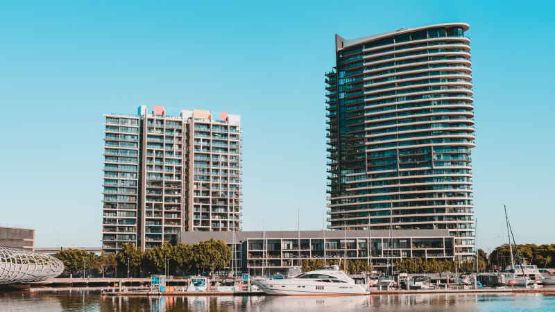Looking across the Yarra River in Melbourne's Docklands district towards Yarra's Edge towers 2 and 3.