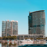 Looking across the Yarra River in Melbourne's Docklands district towards Yarra's Edge towers